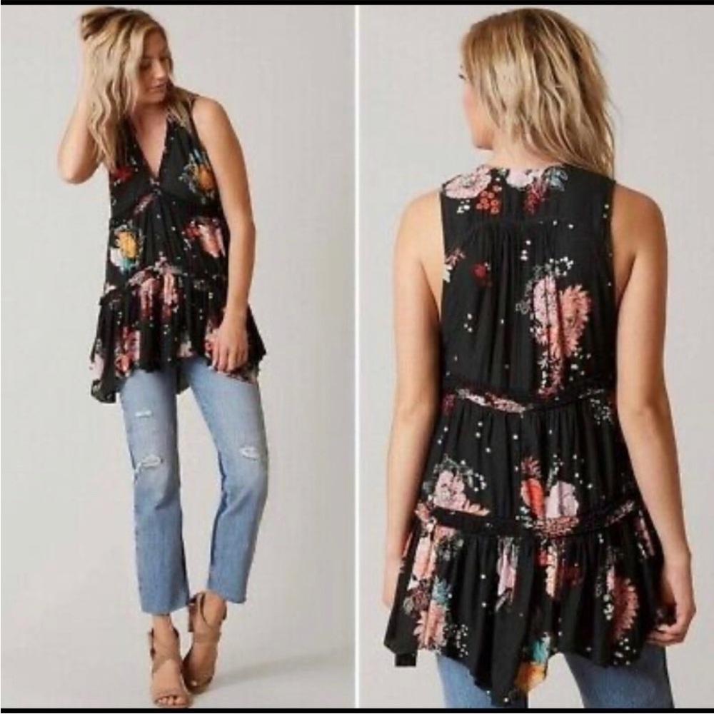 Free People Black Haze Floral Tunic Boho Ruffle Sleeveless Feminine Size XS